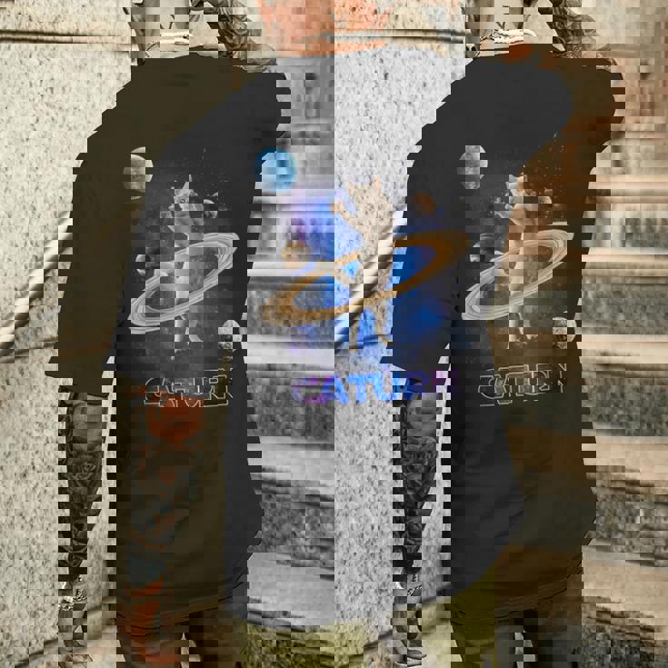 宇宙の土星猫土星ギャラクシー面白い子猫猫の恋人 メンズTシャツ バックプリント 彼への贈り物