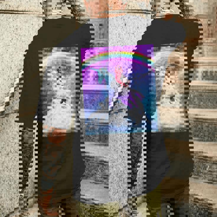 宇宙パグ 雲の上のレインボーユニコーン メンズTシャツ バックプリント 彼への贈り物