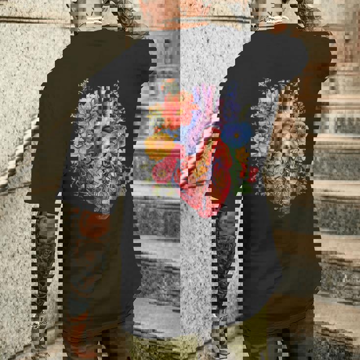 心臓超音波検査者ギフト 心臓専門医ギフト ハートフラワー メンズTシャツ バックプリント 彼への贈り物