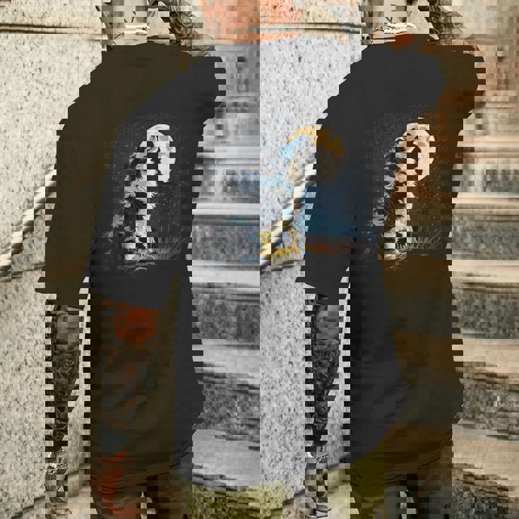 月に吠える美しいボーダーコリー犬 メンズTシャツ バックプリント 彼への贈り物