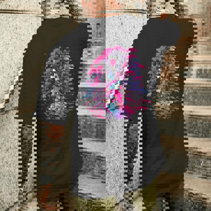 桜と芸者、サイバーパンク・イラストレーション メンズTシャツ バックプリント 彼への贈り物