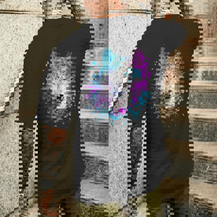 水彩 狼 頭 カラフル オオカミ 贈り物 メンズTシャツ バックプリント 彼への贈り物