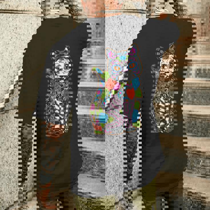 猫 シュガー スカル メキシコ カラベラ 死者の日 ハロウィン メンズTシャツ バックプリント 彼への贈り物