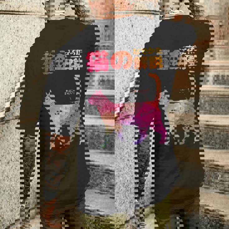 猫のなでかた解説 おもしろ 猫好き アイデア ギフト サプライズ にゃんこ 半袖 ペット プリント メンズTシャツ バックプリント 彼への贈り物