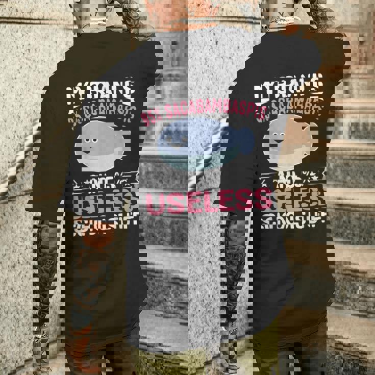 私の脳は95％サカバンバスピスの面白い魚のミーム メンズTシャツ バックプリント 彼への贈り物