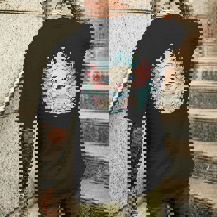 笑顔のaxolotl カワイイかわいい水中漫画 メンズTシャツ バックプリント 彼への贈り物