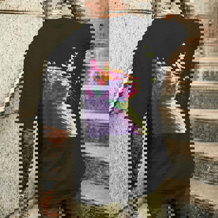 蝶と美しいカラフルな猫、パープル メンズTシャツ バックプリント 彼への贈り物