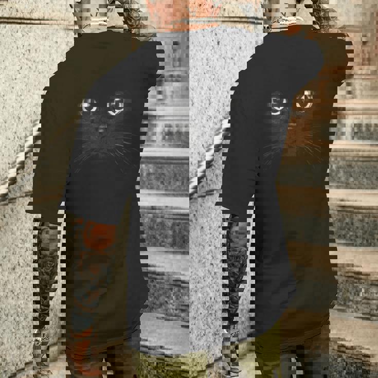黒猫 顔 グラフィックデザイン 面白い猫好き ハロウィンギフト メンズTシャツ バックプリント 彼への贈り物