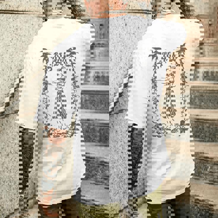 Aloha ハワイ ダンサー ヤシの木 ハイビスカス ウクレレ ルアウ ラインアート メンズTシャツ バックプリント 彼への贈り物