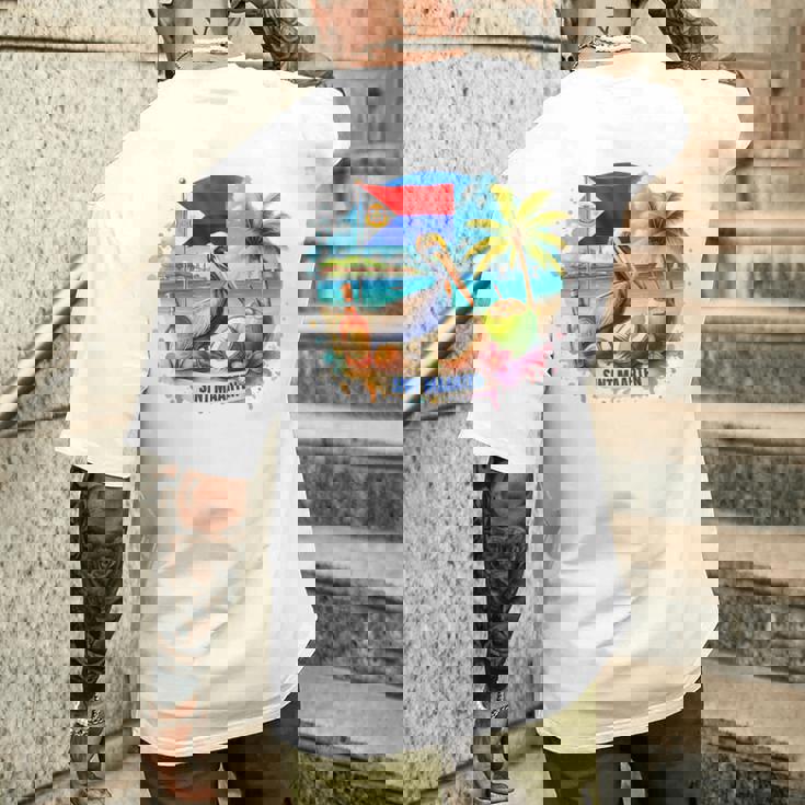 Sint Maarten Flag Pelican Rum Beach Coconut Island Souvenirs Men's Back Print T-Shirt Gifts for Him