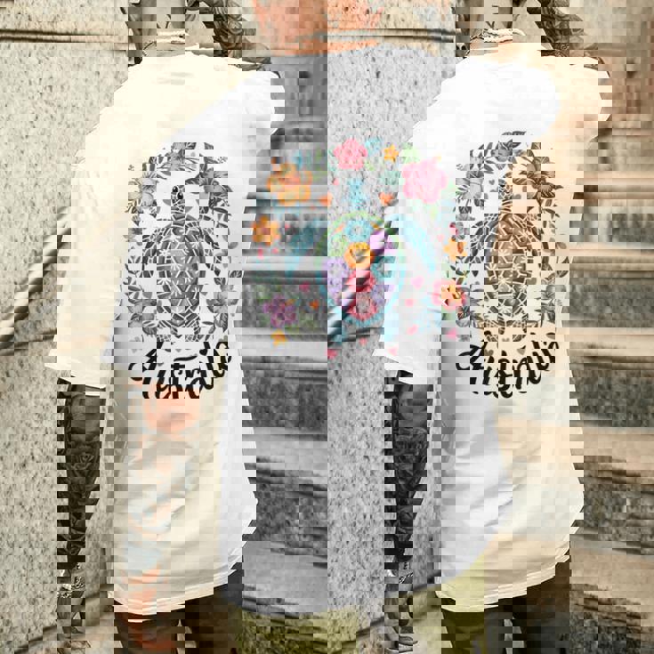 かわいいウミガメオーストラリア、楽しいトロピカルフラワーとハート メンズTシャツ バックプリント 彼への贈り物