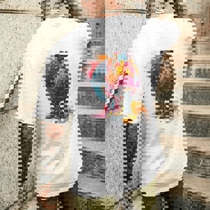 カバ 動物 カラフル グラフィック 抽象 アート 絵画 カバ メンズTシャツ バックプリント 彼への贈り物