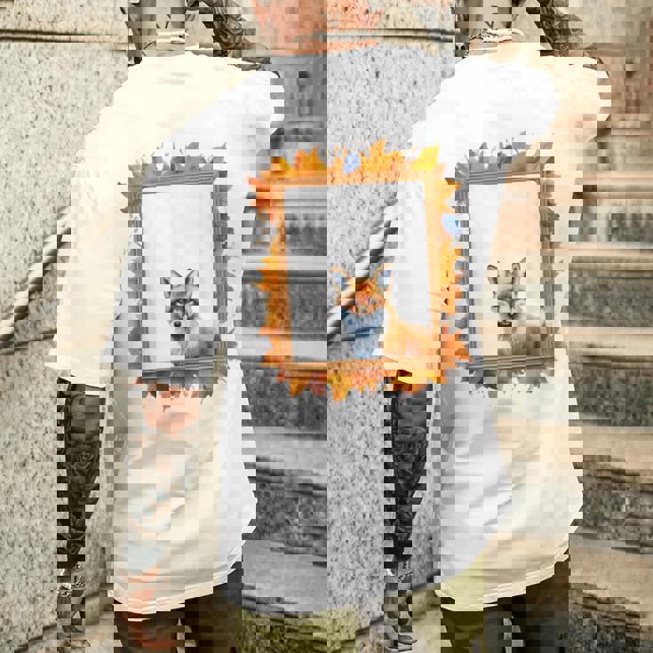 キツネ アニマル柄 モチーフ 紅葉 イラスト 自然 狐 メンズTシャツ バックプリント 彼への贈り物