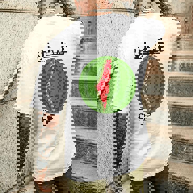 パレスチナ地図スイカアラビア書道 メンズTシャツ バックプリント 彼への贈り物