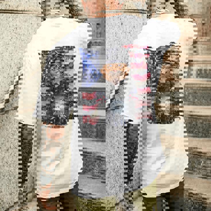 三毛猫 オレンジ猫 ねこ バイク 星条旗 アメリカ メンズTシャツ バックプリント 彼への贈り物