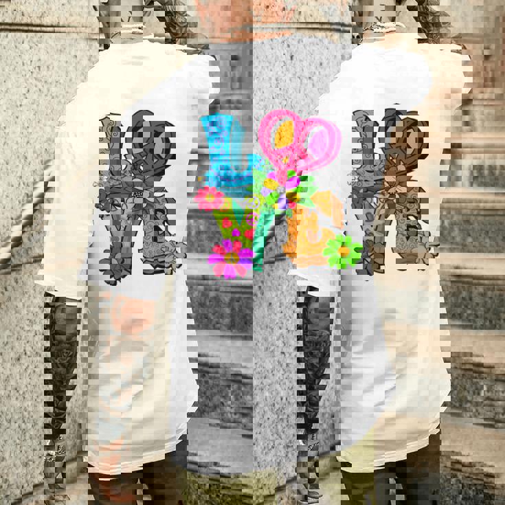 明るくカラフルな愛と平和 ピースサイン フラワートップ メンズTシャツ バックプリント 彼への贈り物