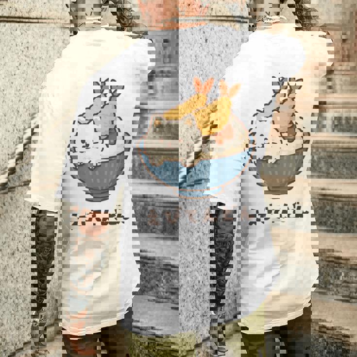 海老天丼 天丼 えび ご飯 ねこ 白猫 天丼好き 猫好き おもしろ かわいい猫 イラスト 猫キャラ 癒し 系 メンズTシャツ バックプリント 彼への贈り物