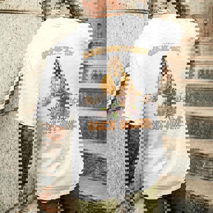 誰が戻ったと思う？また戻ってきましたイエスキリストハッピーイースター メンズTシャツ バックプリント 彼への贈り物