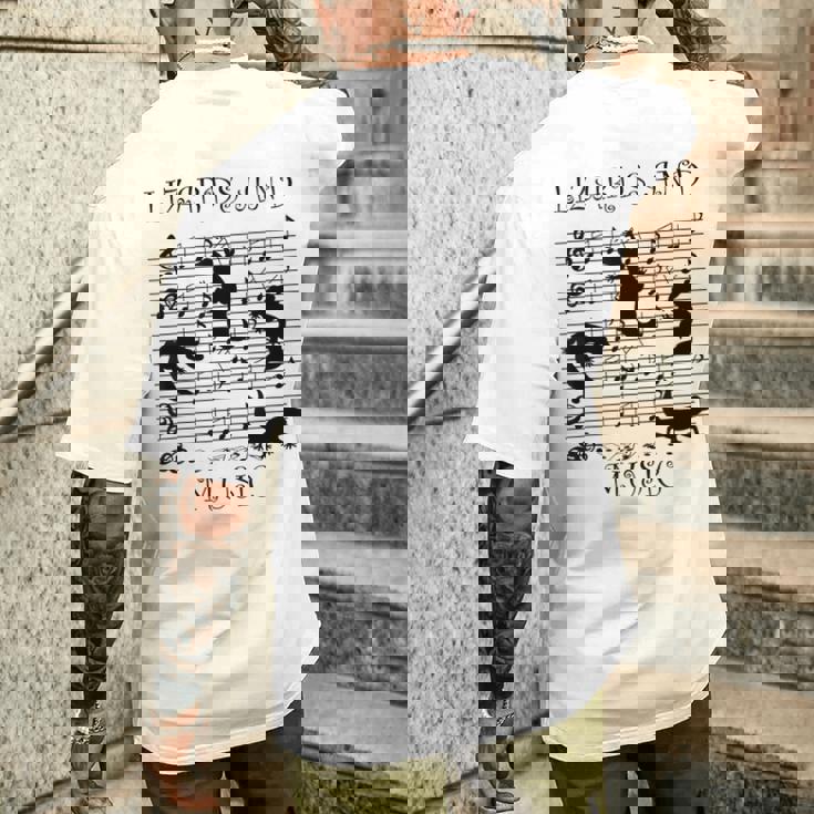 音楽とトカゲ ヤモリ ミュージシャン 爬虫類 メンズTシャツ バックプリント 彼への贈り物