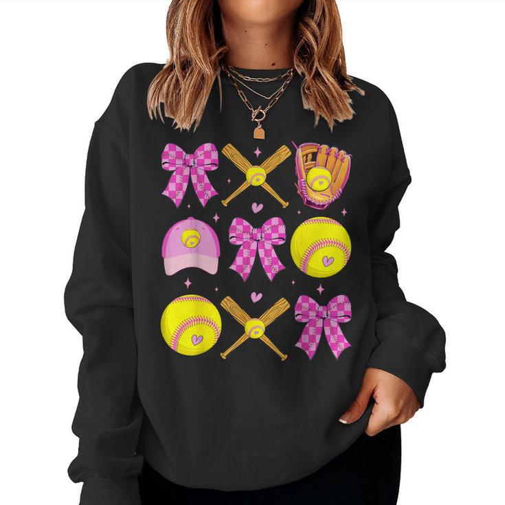 Checkered Mama Bow Cute Softball Mom Game Day Sports Women Sweatshirt
