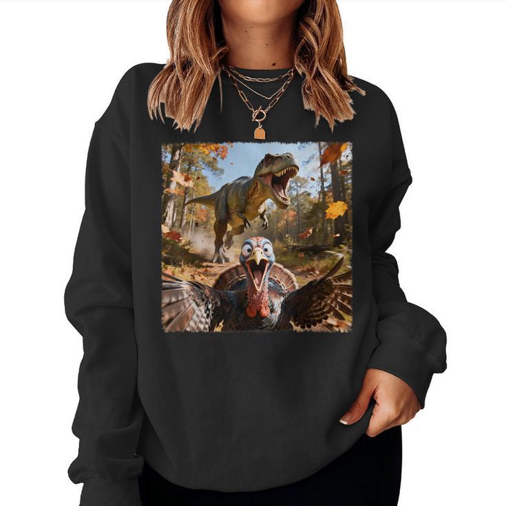 Turkey Selfie With T-Rex Dinosaur Thanksgiving Fall Women Sweatshirt