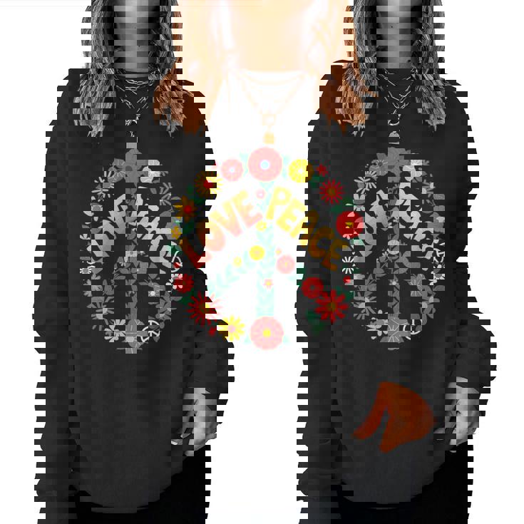 Love Peace Flower Power レトロ ヒッピー フローラル ピースマーク レディーススウェットシャツ