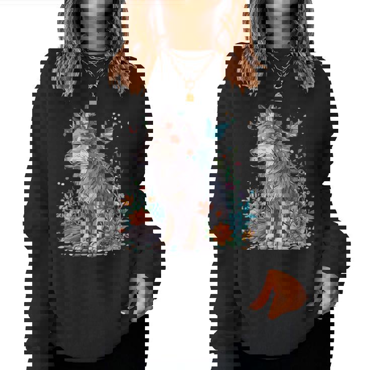 かわいいオオカミ 花 I キッズ オオカミ 長袖tシャツ レディーススウェットシャツ