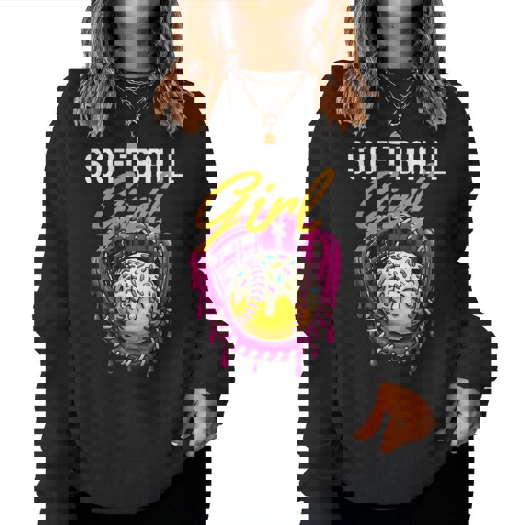 ソフトボール 女の子 名言 滴る アイスクリーム グラフィック ソフトボール ドリップ レディーススウェットシャツ