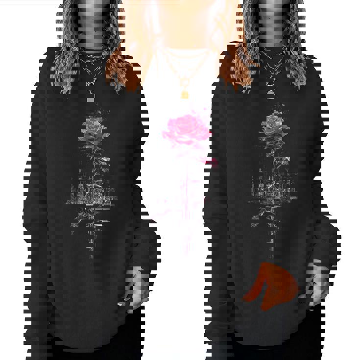 バラ 花 イラスト グラフィック 抽象 ピクセルアート バラ レディーススウェットシャツ