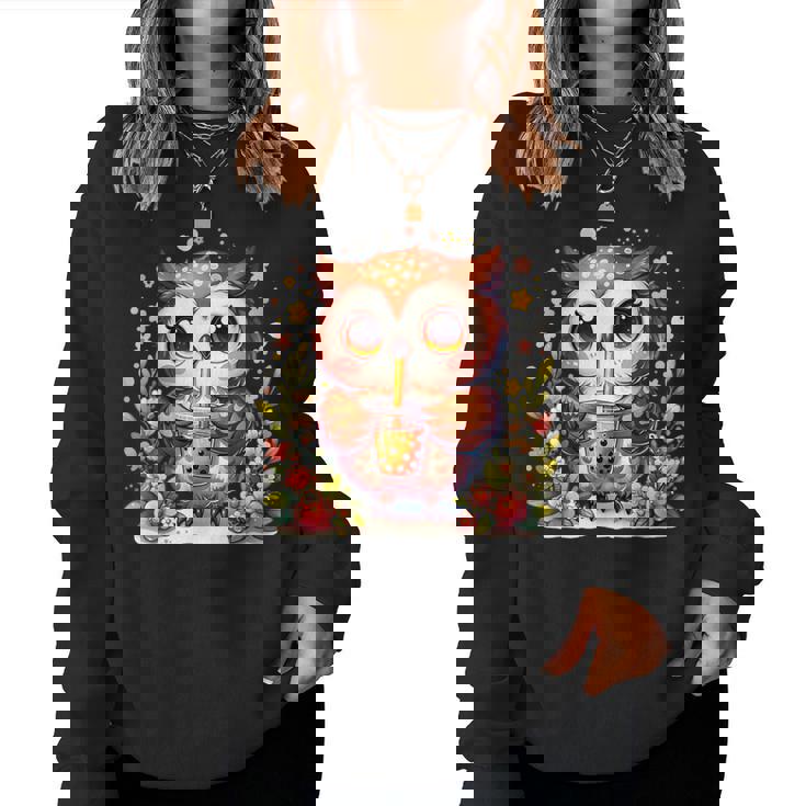 フクロウ ドリンク ボバ ティー ボヘミアン 羽 女の子 花 ニューエイジ レディーススウェットシャツ