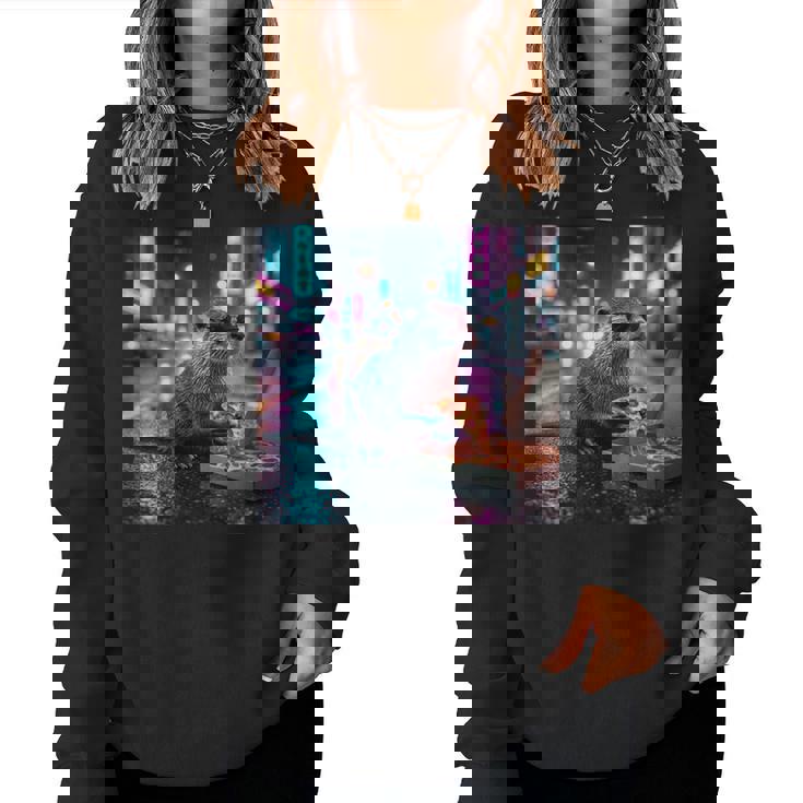 ヴィンテージ カワウソ キッズ Her Mom Dad ピザ ミーム 幼児 レトロ 長袖tシャツ レディーススウェットシャツ