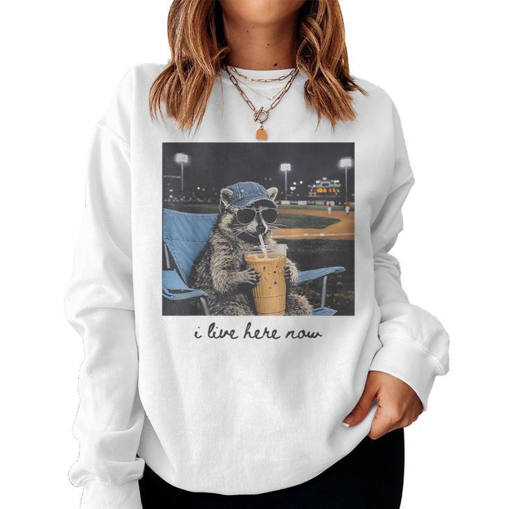 I Live Ballfield Now Cute Raccoon Baseball Softball Mom Women Sweatshirt