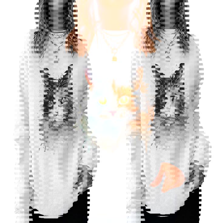 クールな水彩 三毛猫顔 三毛猫 お母さん 猫 お父さん レディーススウェットシャツ