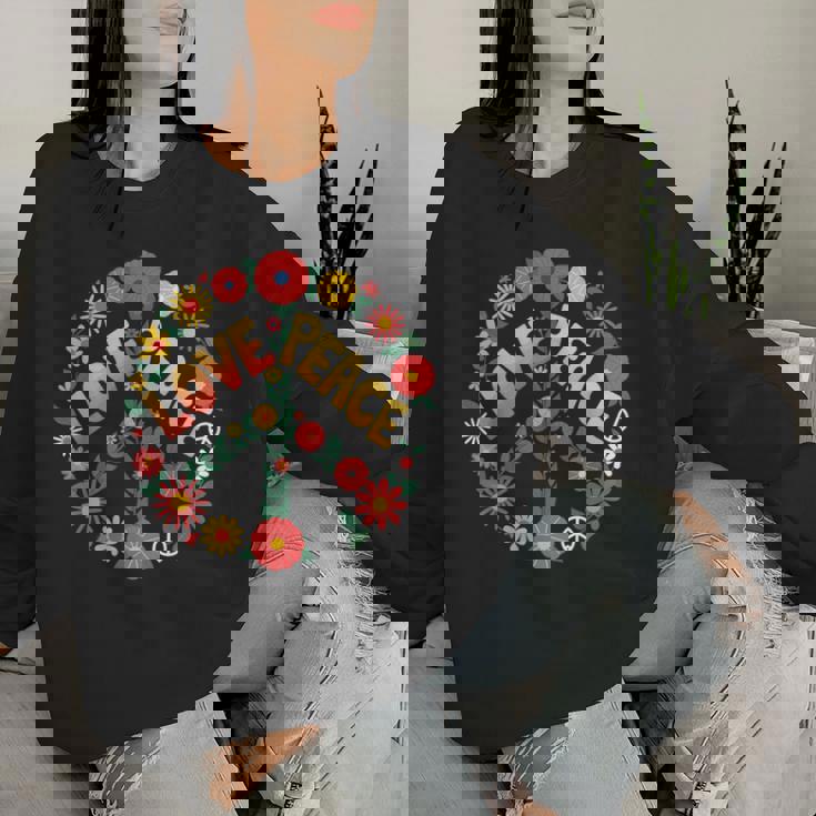Love Peace Flower Power レトロ ヒッピー フローラル ピースマーク レディーススウェットシャツ 彼女への贈り物