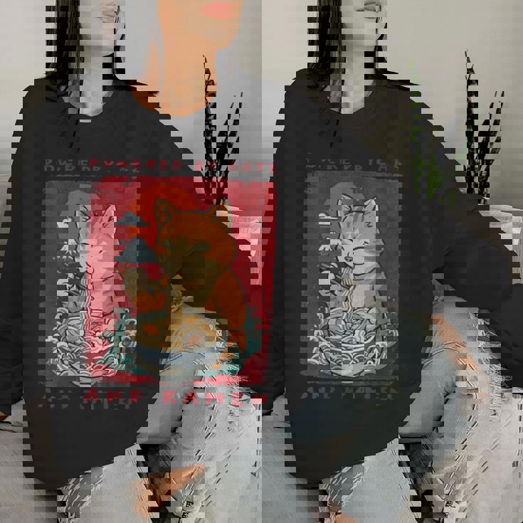 Powered By Cats And Ramen Japanese Cute Cat Lovers Women Sweatshirt Gifts for Her