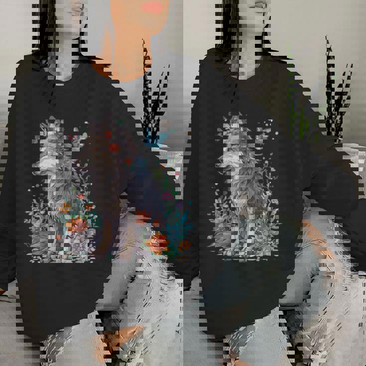 かわいいオオカミ 花 I キッズ オオカミ 長袖tシャツ レディーススウェットシャツ 彼女への贈り物