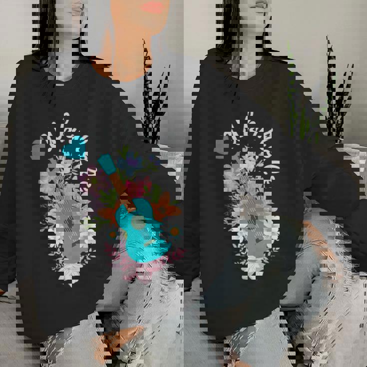 ウクレレギフト 70年代の花のウクレレ奏者 レディーススウェットシャツ 彼女への贈り物