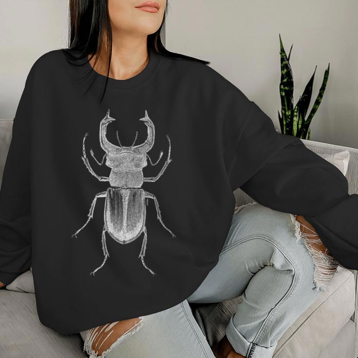 クワガタ愛好家と昆虫学者のためのヴィンテージ昆虫アート クールなクワガタ Cooltag Beetle レディーススウェットシャツ 彼女への贈り物
