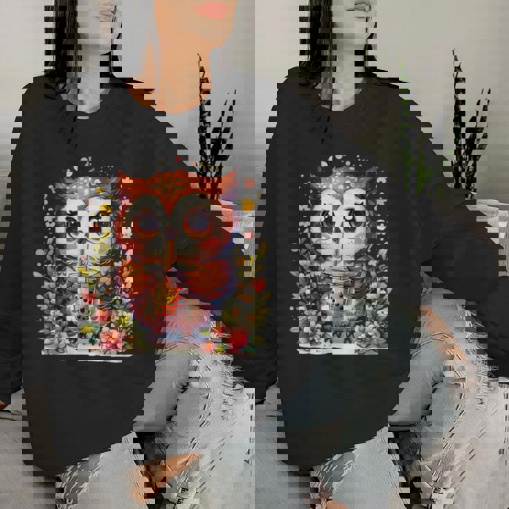 フクロウ ドリンク ボバ ティー ボヘミアン 羽 女の子 花 ニューエイジ レディーススウェットシャツ 彼女への贈り物