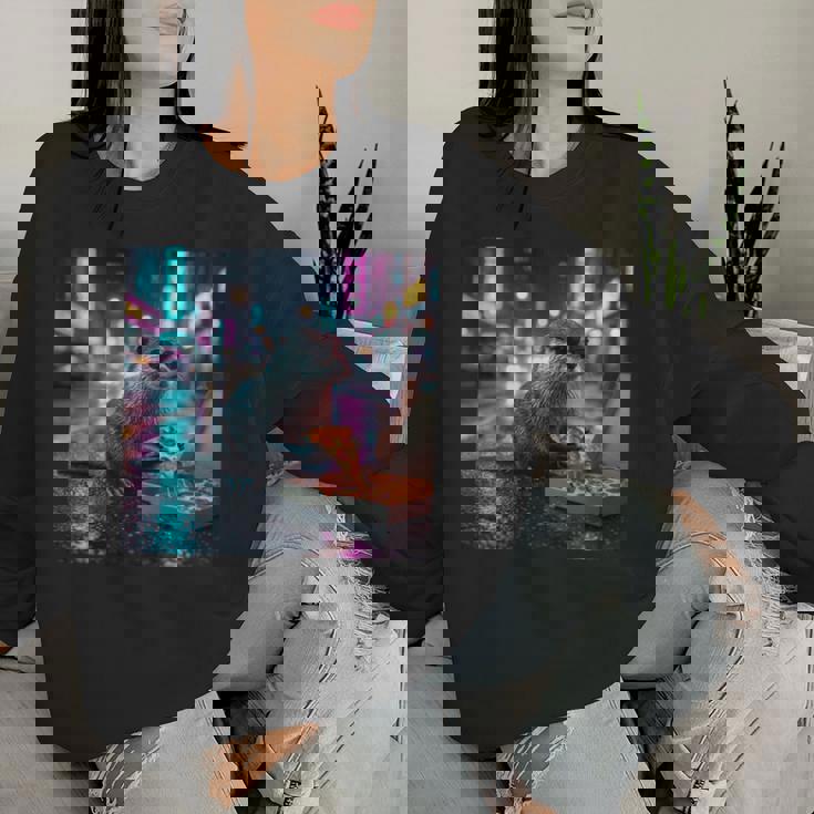 ヴィンテージ カワウソ キッズ Her Mom Dad ピザ ミーム 幼児 レトロ 長袖tシャツ レディーススウェットシャツ 彼女への贈り物