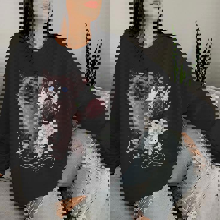 花とシャム猫、ヴィンテージ感、花柄シャム猫 レディーススウェットシャツ 彼女への贈り物