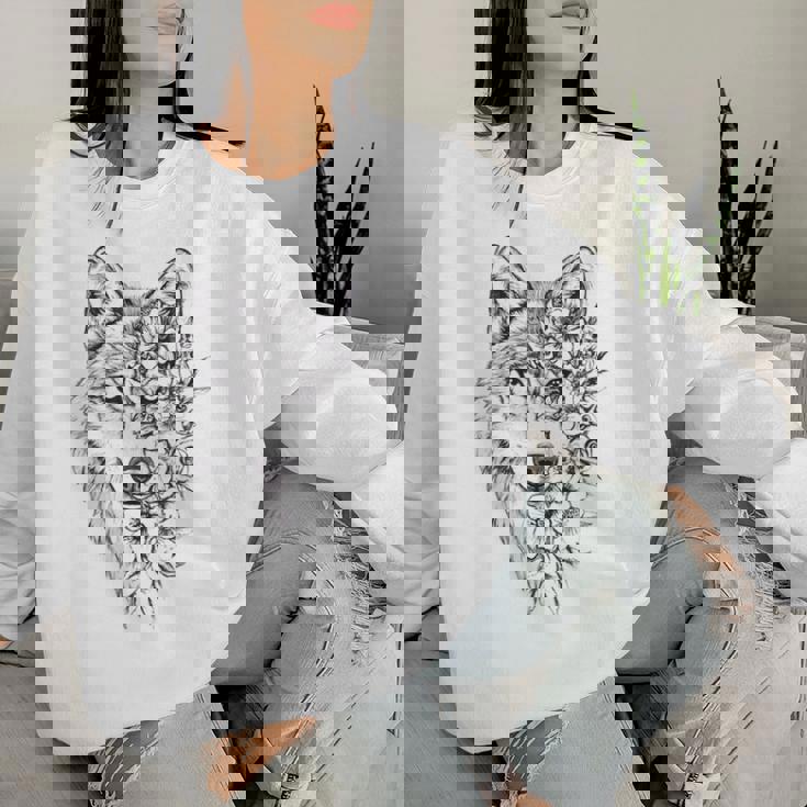 ウルフ フローラル ヴィンテージ 花 オオカミの顔 オオカミの恋人 レディーススウェットシャツ 彼女への贈り物