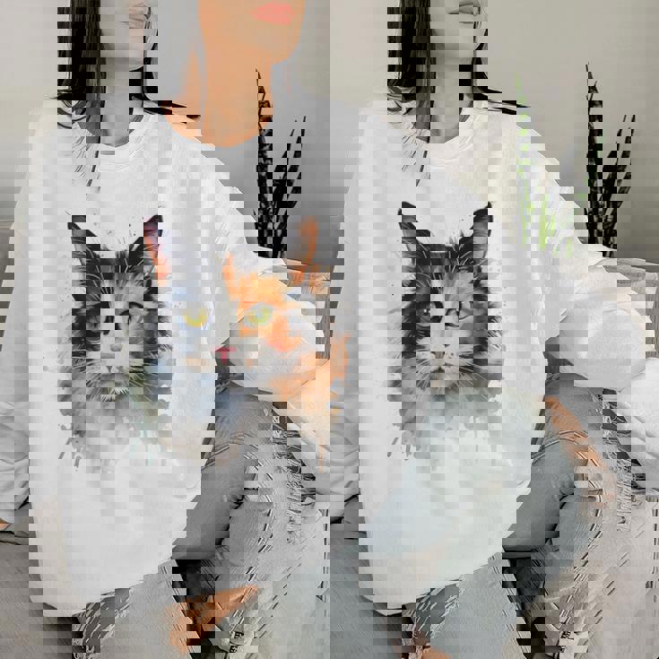 クールな水彩 三毛猫顔 三毛猫 お母さん 猫 お父さん レディーススウェットシャツ 彼女への贈り物