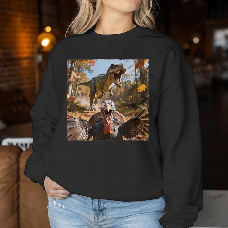 Turkey Selfie With T-Rex Dinosaur Thanksgiving Fall Women Sweatshirt Unique Gifts