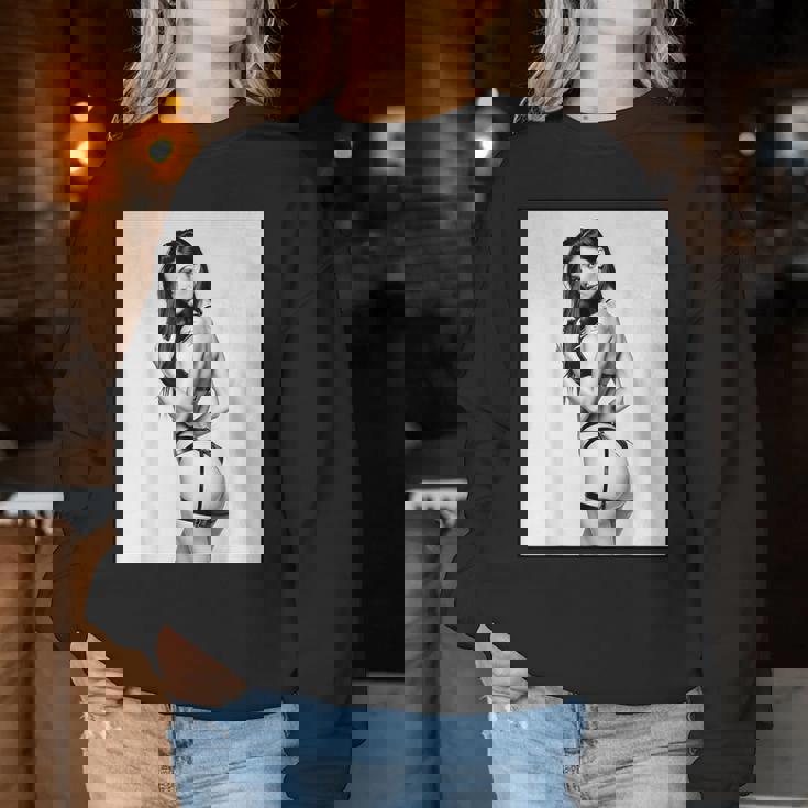 Hot Girl On 男性用 セクシー ブルネット ピンナップガール B&W レディーススウェットシャツ 面白い贈り物