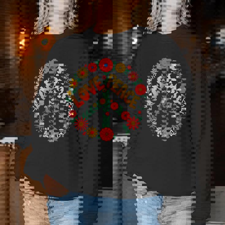 Love Peace Flower Power レトロ ヒッピー フローラル ピースマーク レディーススウェットシャツ 面白い贈り物