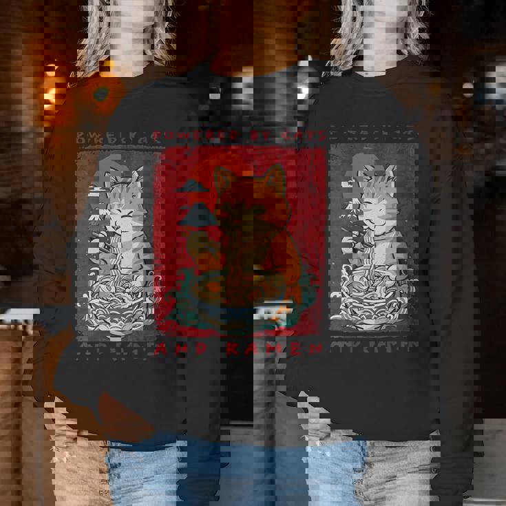 Powered By Cats And Ramen Japanese Cute Cat Lovers Women Sweatshirt Unique Gifts