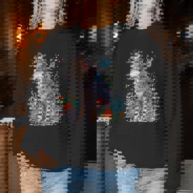 かわいいオオカミ 花 I キッズ オオカミ 長袖tシャツ レディーススウェットシャツ 面白い贈り物