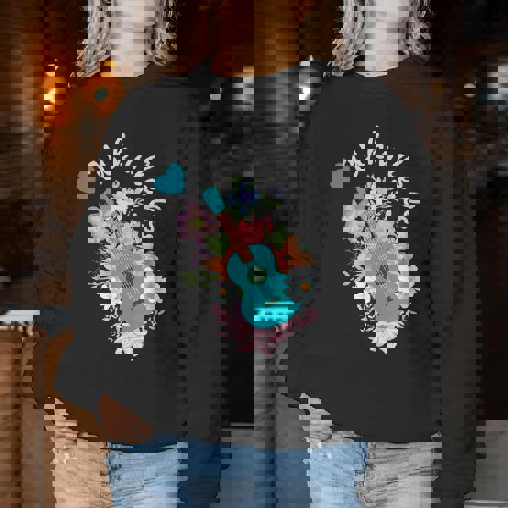 ウクレレギフト 70年代の花のウクレレ奏者 レディーススウェットシャツ 面白い贈り物