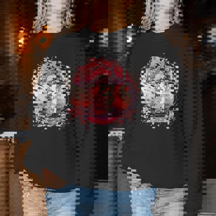 キツネ キツネ 九尾キツネ 桜花 レディーススウェットシャツ 面白い贈り物